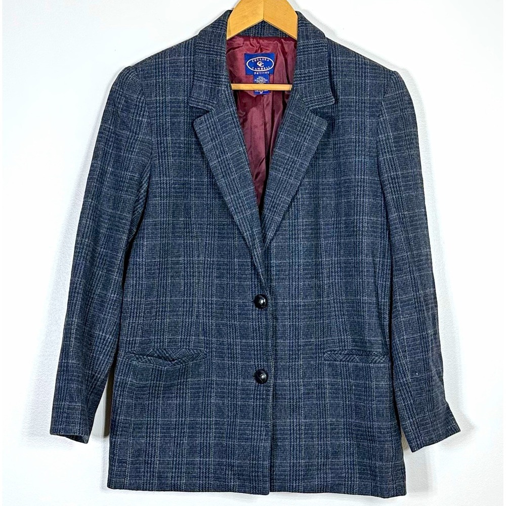 Chelsea Campbell Womens Wool Blend Blazer 8 Petite Navy Plaid Vintage Preppy